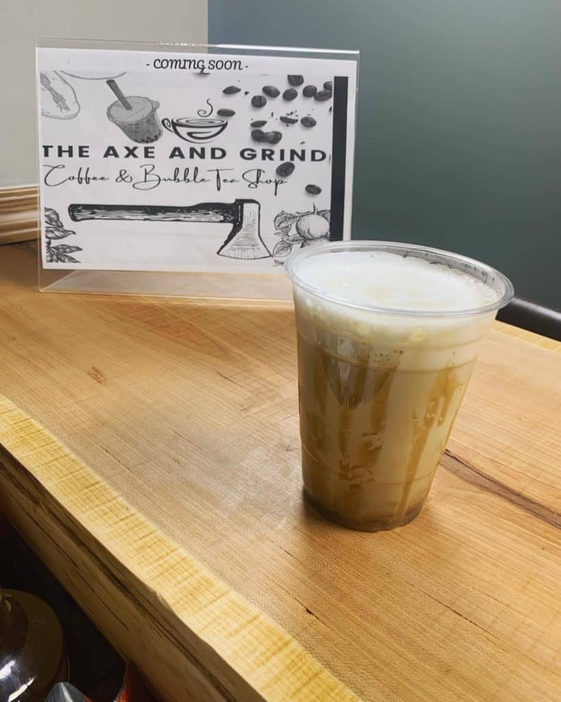 caramel iced latte at the axe and grind coffee bar