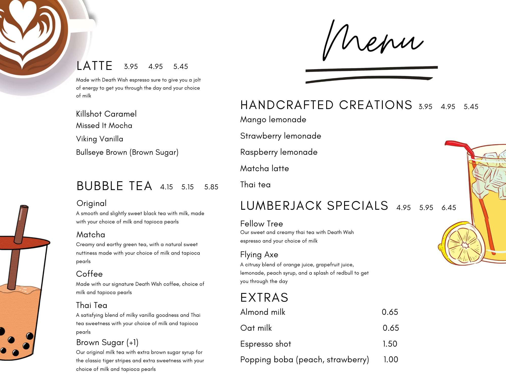 the full menu of the axe and grind bubble tea and coffee bar